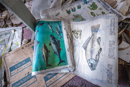 Old teaching aids inside an abandoned school in Mashevo village located in Chernobyl exclusion area, Ukraine photo