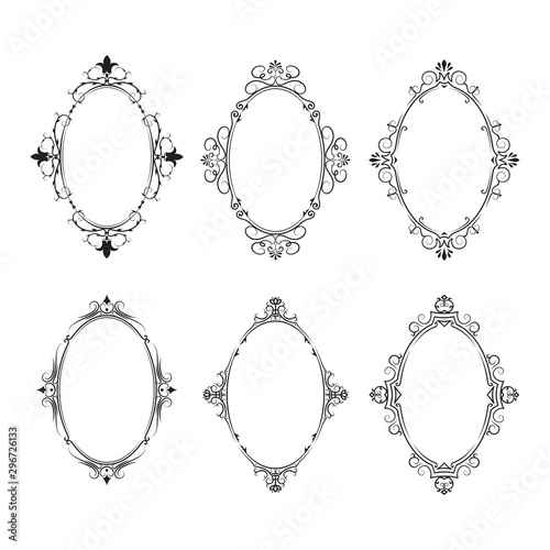 Hand drawn vintage oval frames set. Elegant ornate wedding round borders. Vector isolated filigree invitation card.