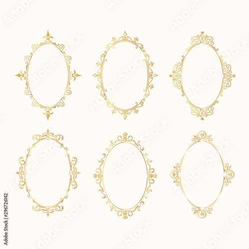 Set of hand drawn golden vintage oval frames. Elegant ornate fancy round borders for wedding. Vector isolated filigree invitation card.