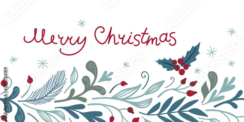 Merry Christmas horizontal card with winter flora and lettering. Vector template for greeting, holiday banner.