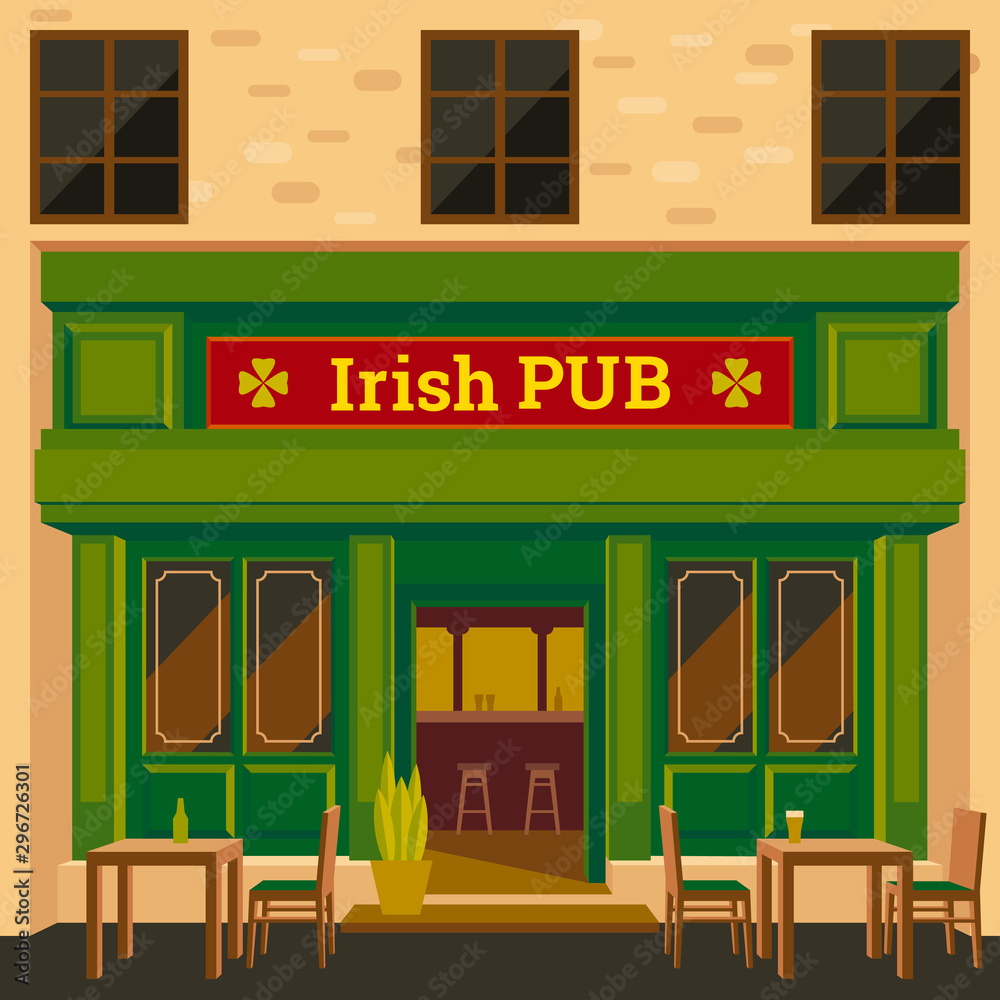 Irish pub exterior vector illustration. Flat design of facade. Beer house  building concept.