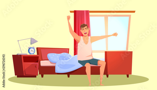 Guy waking up flat vector illustration