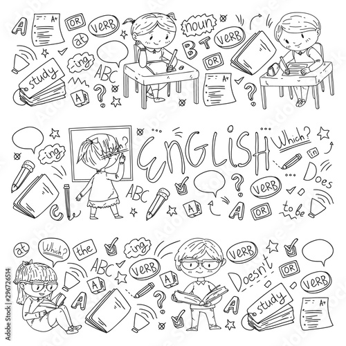 English school for children. Learn language. Education vector illustration. Kids drawing doodle style image.