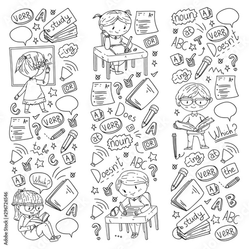 English school for children. Learn language. Education vector illustration. Kids drawing doodle style image.