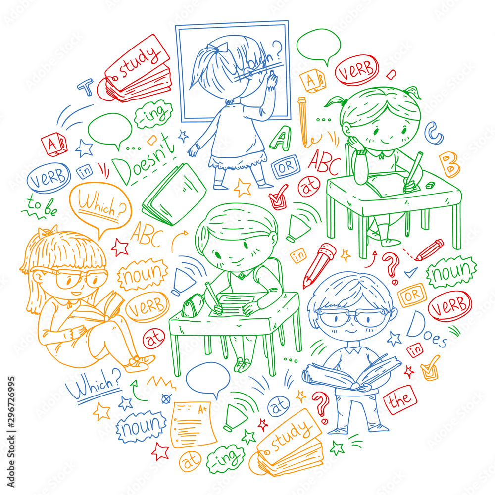 English school for children. Learn language. Education vector illustration. Kids drawing doodle style image. English school for children. Learn language. Education vector illustration. Kids drawing doodle style image.