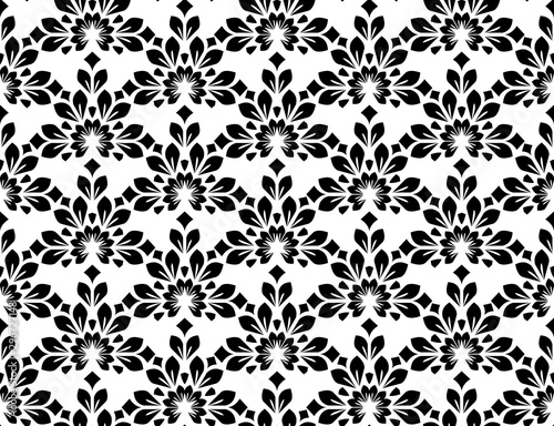 Flower geometric pattern. Seamless vector background. White and black ornament