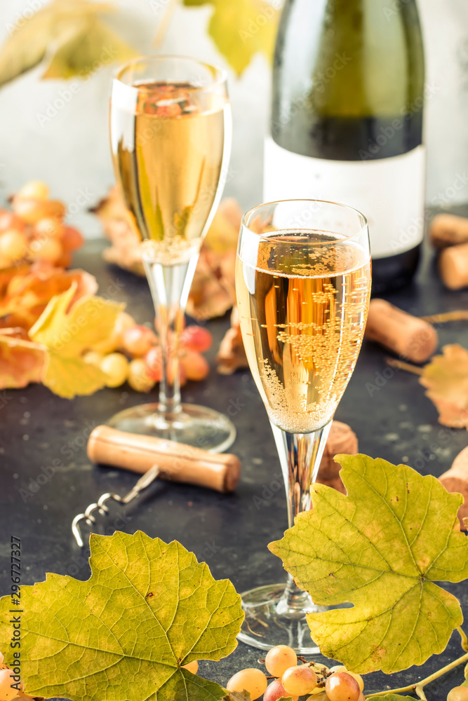 Champagne wine in glass background. Autumn still life, wine tasting table setting concept