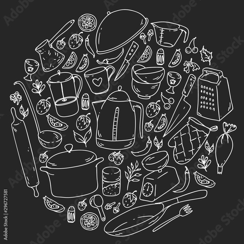 Cooking class. Kitchenware, utencils. Food and kitchen icons.