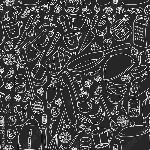 Seamless pattern with icons for cooking class. Kitchenware, utencils. Food and kitchen illustrations.