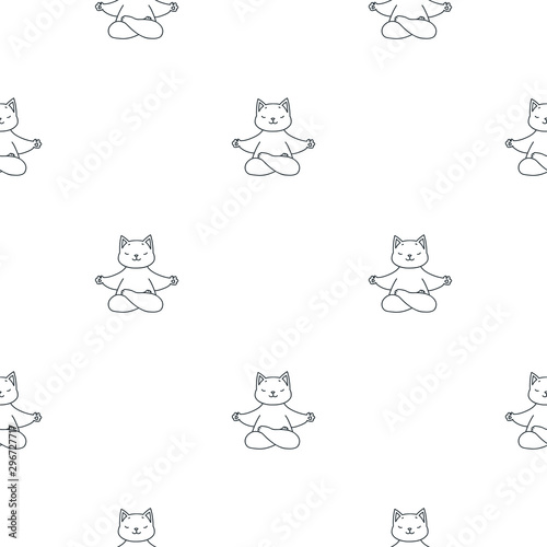Yoga cat pattern. Black-n-white seamless pattern of cute cats in yoga lotus asana on white background. Vector 8 eps
