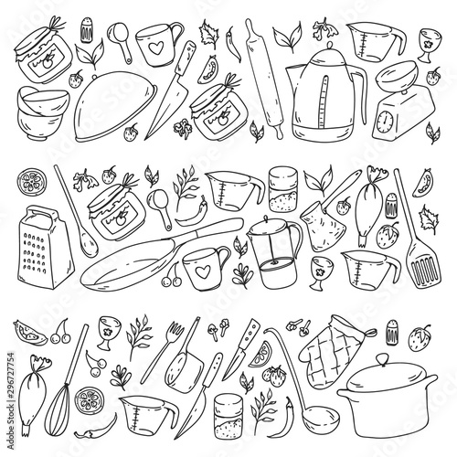 Cooking class. Kitchenware, utencils. Food and kitchen icons.