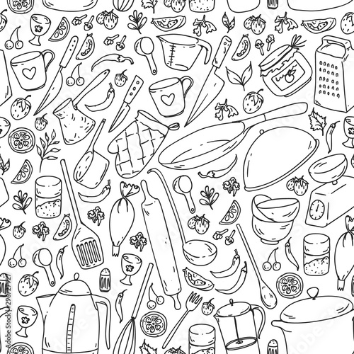 Cooking class. Seamless pattern. Kitchenware, utencils. Food and kitchen icons.