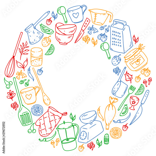 Cooking class. Kitchenware, utencils. Food and kitchen icons.