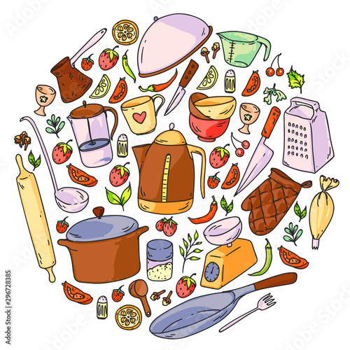 Cooking class. Kitchenware, utencils. Food and kitchen icons.