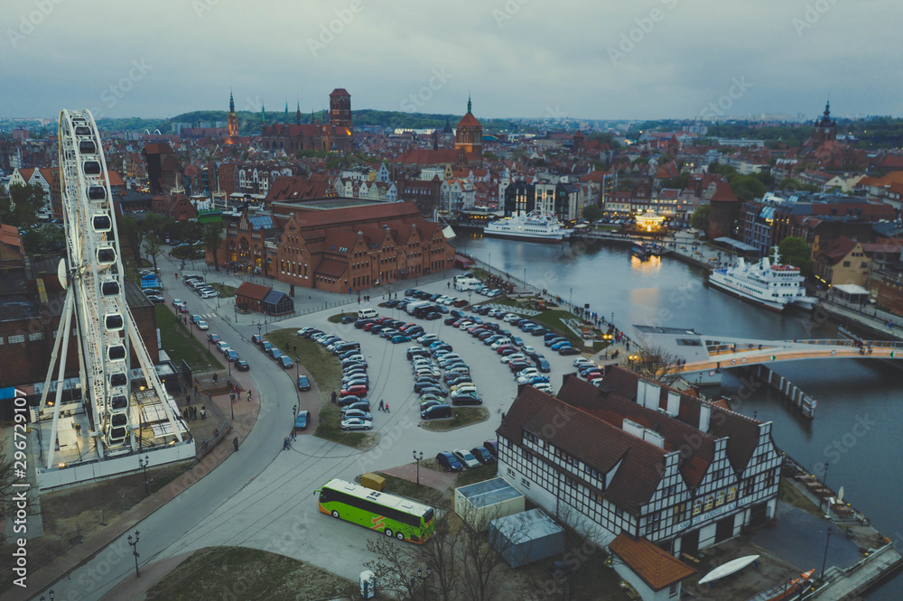 Aerial view on Motlawa river in Gdansk with amber sky wheel.