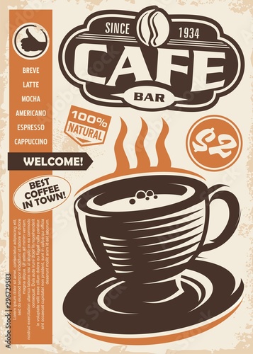 Cafe bar retro ad with coffee cup and menu list on old paper texture. Coffee vintage vector illustration.