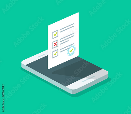 Online form survey on cellphone vector, flat isometric 3d mobile phone with quiz exam sheet document icon with approved stamp, on-line questionnaire results, check list internet test on smartphone