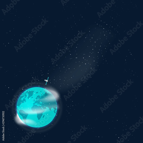 Earth in outer space with satellite vector, flat cartoon satellite space ship flying around planet world in universe and copy space for text, orbit station in cosmos, universe in stars background