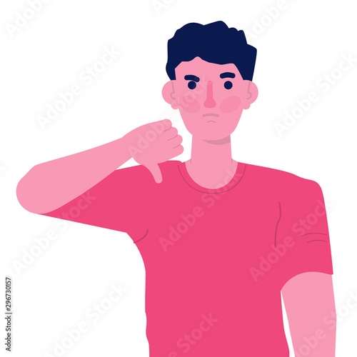 Man showing a negative gesture thumbs down sign. Disapprove character concept. Vector illustration.