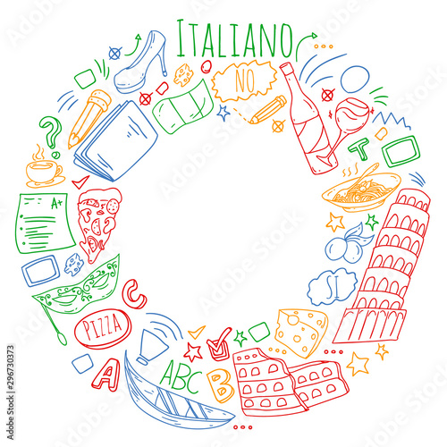 Italian language learning. Vector pattern with icons and national symbols of Italy.