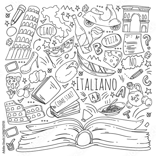 Italian language learning. Vector pattern with icons and national symbols of Italy.