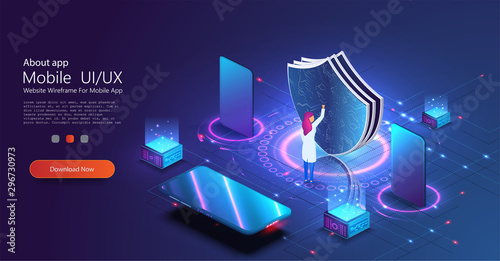 Isometric vector illustration of digital protection mechanism, digital device privacy system. Malware security software. Hacker attack and unauthorized access protection. People works with Server.