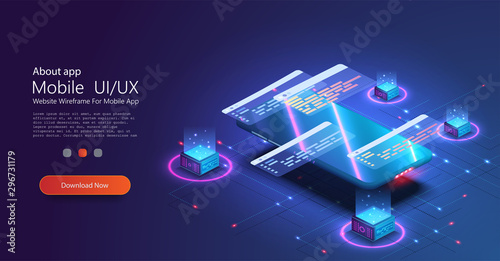 Programming and software development web page banner, program code on screen device. Software development coding process concept. Programming, testing cross platform code, app on phone, UI/UX