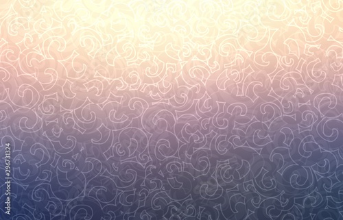 Transparent twirls plexus pattern on lilac pink yellow gradient blur background. Frosty curls abstract texture.