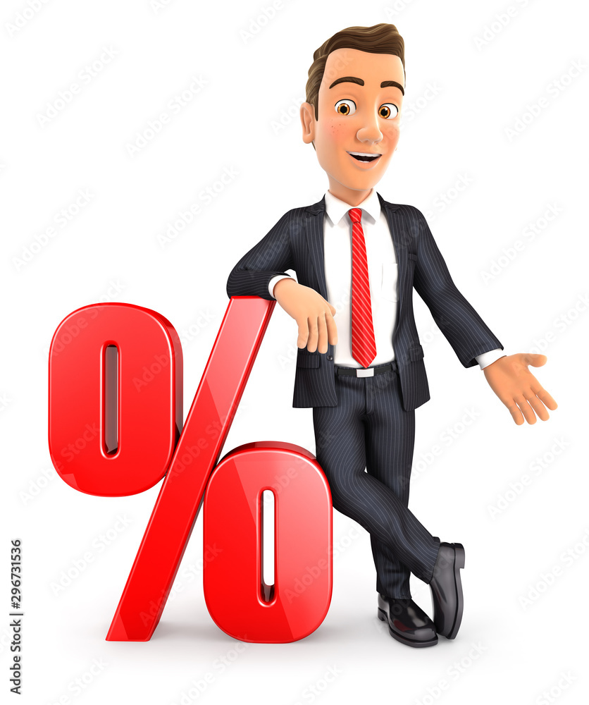 3d businessman leaning against percent sign 3d businessman leaning against percent sign