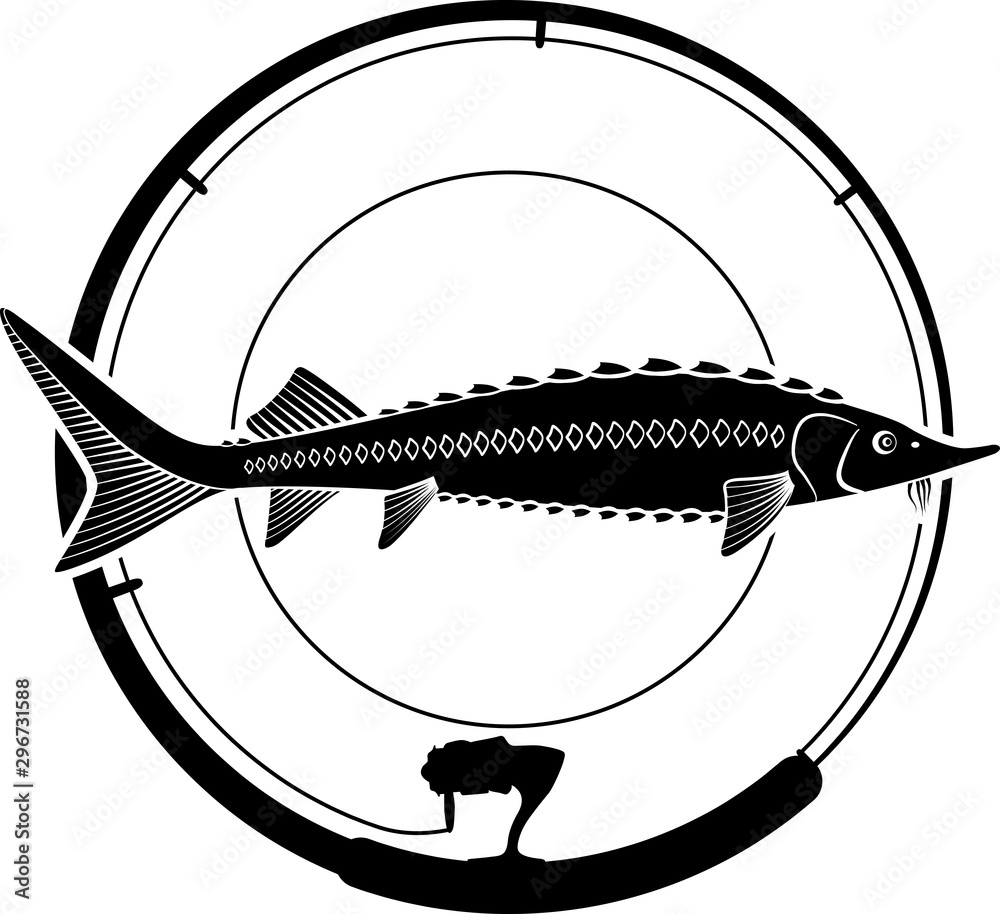 fishing badge with sturgeon fish and fishing rod Stock Vector
