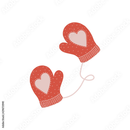 Red knitted winter gloves with string. Mitten decorated with heart. Good for Christmas or Valentine day decoration, posters, greeting cards, banners, textiles, gifts, shirts, mugs or other gifts.