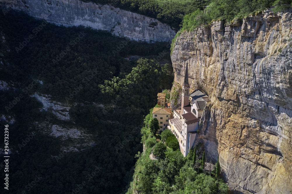 Panorama view of Madonna della Corona, Italy. Flight by a drone. Popular travel destination in Nothern Italy.
