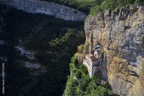 Panorama view of Madonna della Corona, Italy. Flight by a drone. Popular travel destination in Nothern Italy.