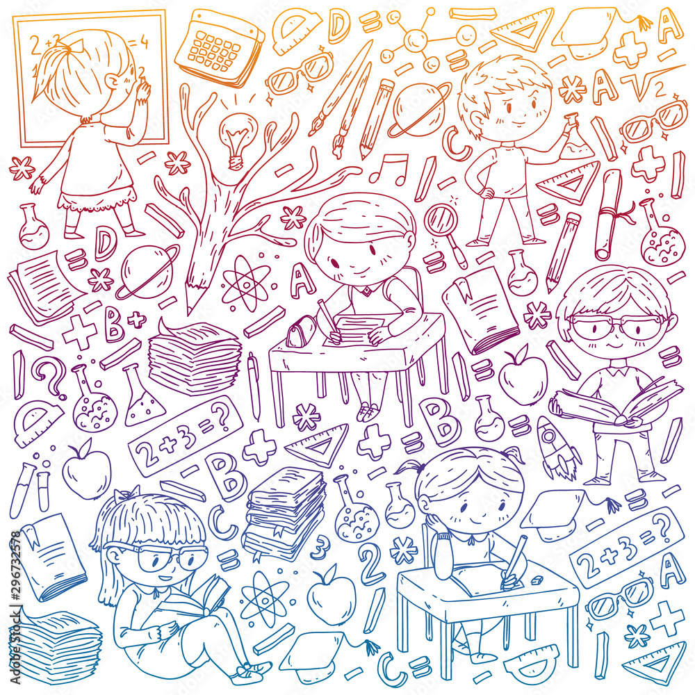 Back to school. Vector icons and elements for little children, college. Doodle style, kids drawing