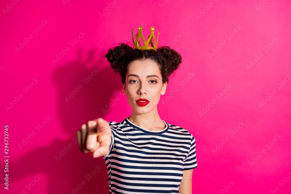 Close-up portrait of her she nice attractive glamorous pretty lovely serious girl pointing forefinger at you isolated over bright vivid shine vibrant pink fuchsia color background Close-up portrait of her she nice attractive glamorous pretty lovely serious girl pointing forefinger at you isolated over bright vivid shine vibrant pink fuchsia color background