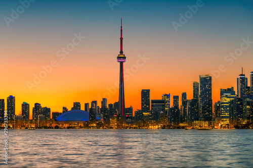 Toronto city skyline at orange sunset, Toronto, Ontario, Canada.