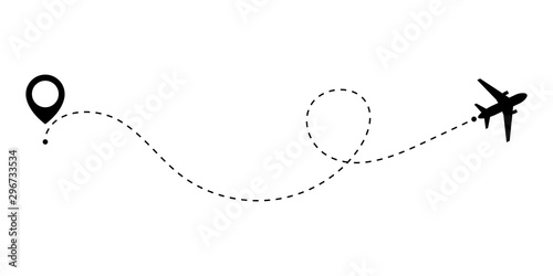 Plane travel concept with pins for maps, GPS points. Path concept or starting point theme. Planes and map pointer symbols. Vector illustration