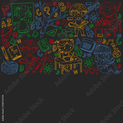 Back to school. Vector icons and elements for little children  college  online courses. Doodle style  kids drawing