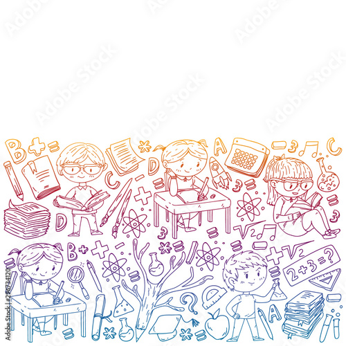 Back to school. Vector icons and elements for little children, college, online courses. Doodle style, kids drawing
