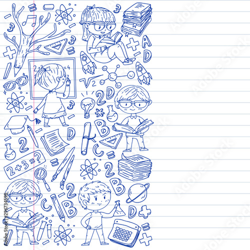 Back to school. Vector icons and elements for little children, college, online courses. Doodle style, kids drawing