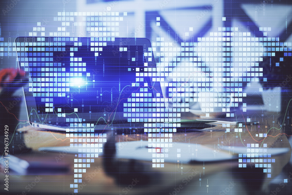 Multi exposure of business theme icons and table with computer background. Concept of success. Multi exposure of business theme icons and table with computer background. Concept of success.