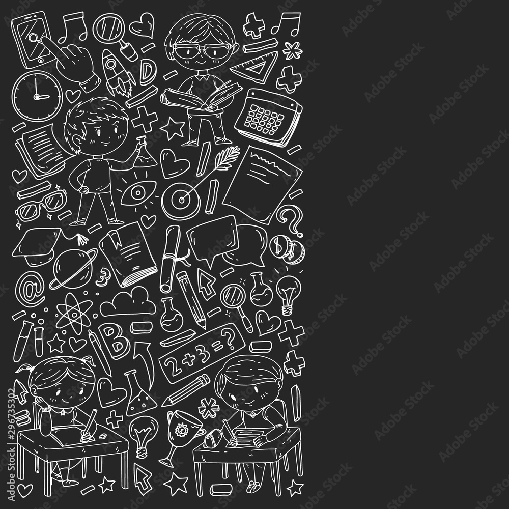 Back to school. Pattern with books, education element and little students. Kids, children learning mathematic, geography, geometry, physic, chemistry Back to school. Pattern with books, education element and little students. Kids, children learning mathematic, geography, geometry, physic, chemistry