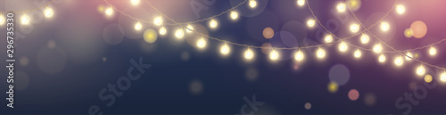 Vector horizontal banner with string of realistic hanging yellow lights garlands on dark blue background with effect bokeh. Festive shiny glowing bulbs for design of website headers and holiday flyers