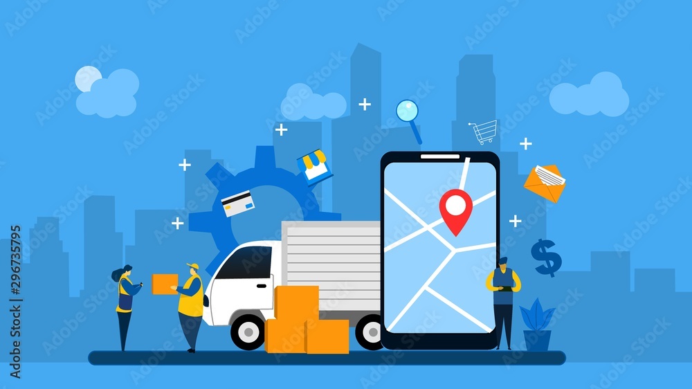 illustration of cargo delivery online with tiny people.flat design.vector ilustration.Suitable For Wallpaper, , Background, Card,banner, Book Illustration, Web Landing Page