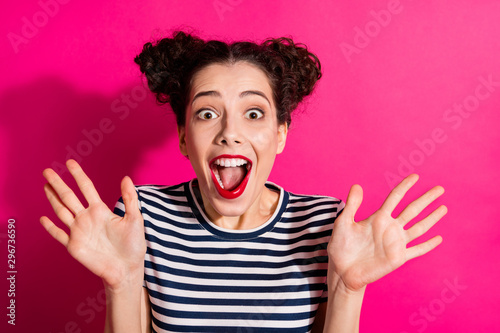 Close up photo of cheerful cute nice charming fascinating girlfriend shocked with new information received isolated over vivid fuchsia color background