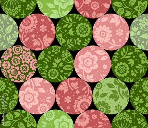 Circles, seamless pattern, pink, green, vector. Fabulous decor. Colored, floral ornament in large circles. 