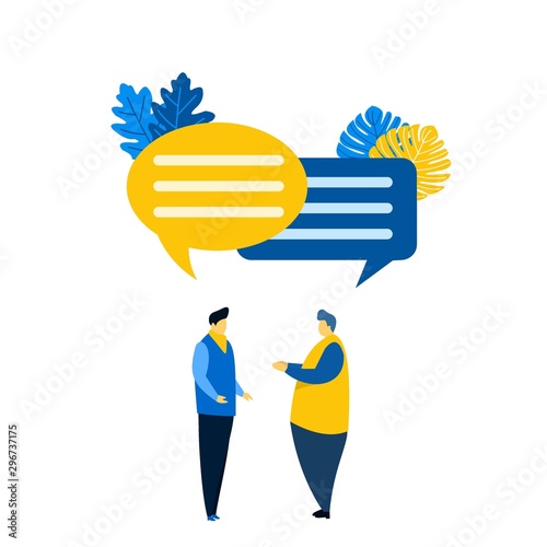  businessmen discuss social networks, news, chat, dialogs, speech bubbles.Vector illustration, flat style