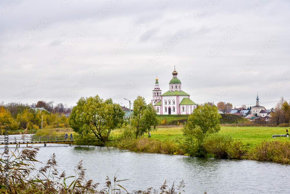Picturesque autumn view of Church of St. Elijah the Prophet on Ivanova mountain in Suzdal, Russia. The Golden ring of Russia.