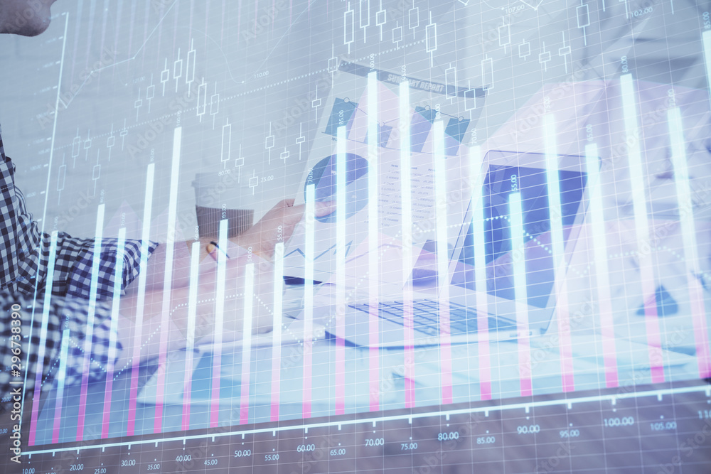 Multi exposure of financial graph with man works in office on background. Concept of analysis. Multi exposure of financial graph with man works in office on background. Concept of analysis.