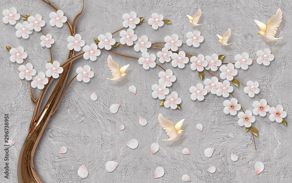 3d illustration, gray textured background, white flowers on curved branches, falling petals, soaring pigeons